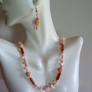 PINK ANGEL SKIN CORAL RED ONYX CARVED DRAGON BEADS SET NECKLACE BRACELET EARRING